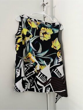 Clover Canyon Black Top with Yellow Floral and White Geometric Print